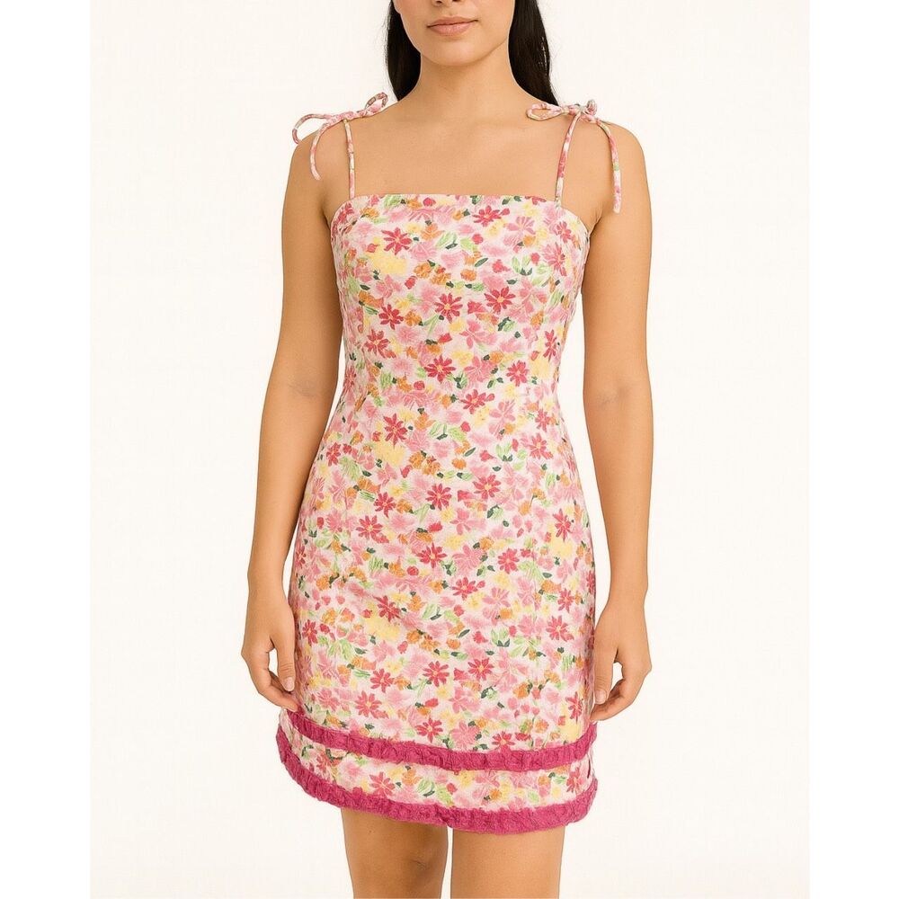 Lilly Pulitzer VTG Floral Mini Dress – Size 0, Adjustable Tie Straps, Ruffle Hem